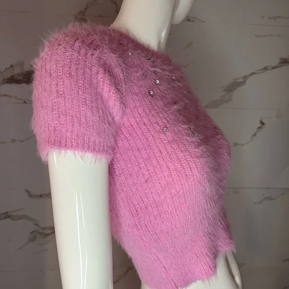 NWT Zara Pink Fuzzy Embellished Crop Top With Scattered Jewels - Picture 2 of 6